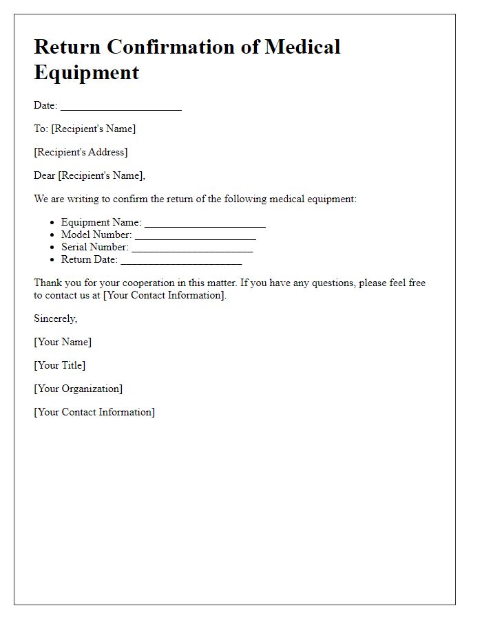 Letter template of medical equipment return confirmation