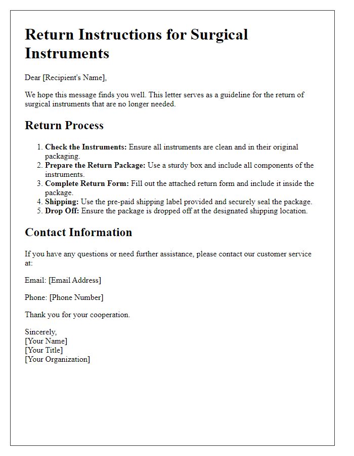 Letter template of return instructions for surgical instruments