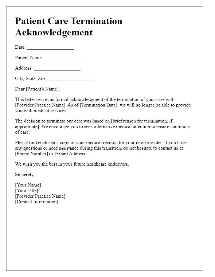 Letter template of patient care termination acknowledgement