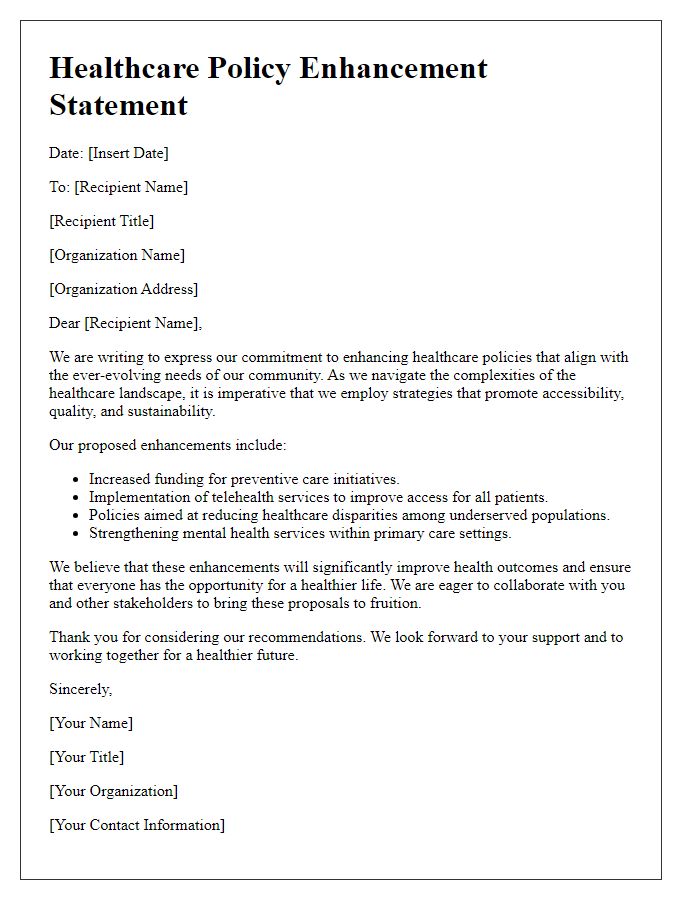 Letter template of healthcare policy enhancement statement