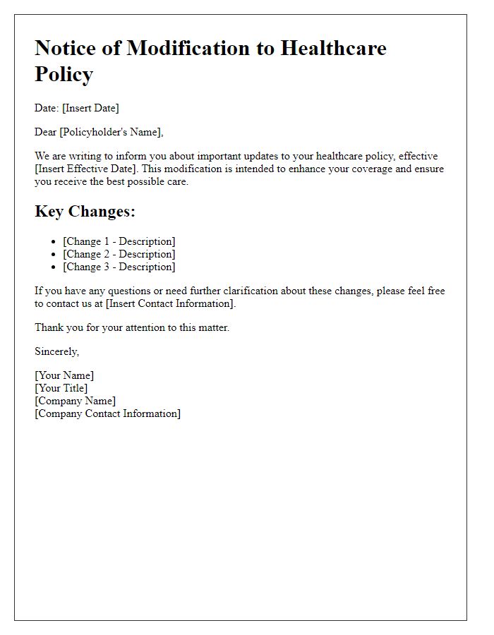 Letter template of healthcare policy modification notice