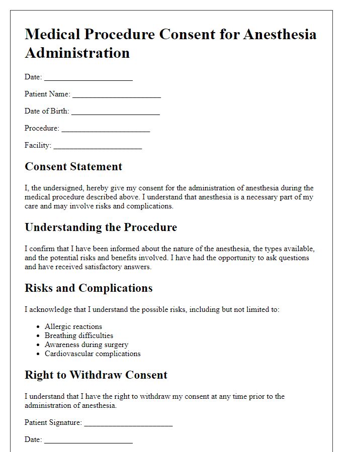 Letter template of medical procedure consent for anesthesia administration.