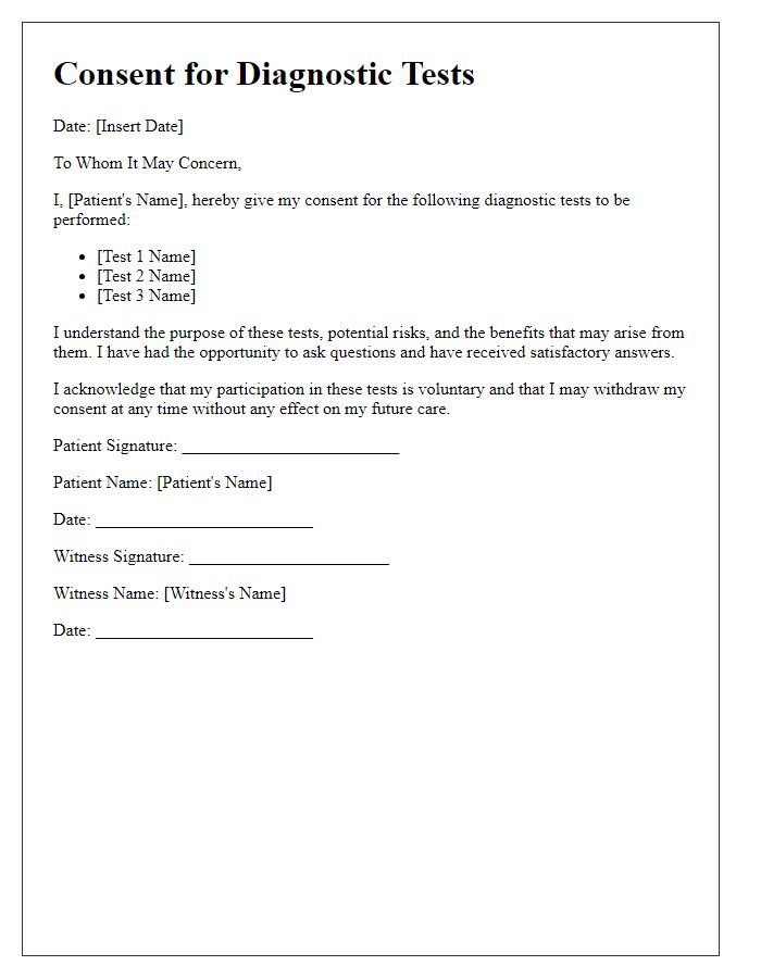 Letter template of medical procedure consent for diagnostic tests.