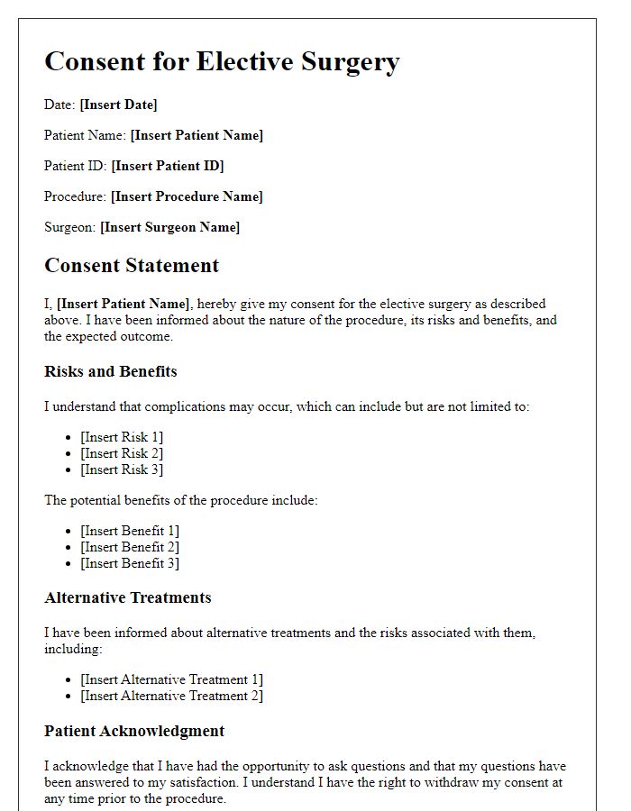 Letter template of medical procedure consent for elective surgery.