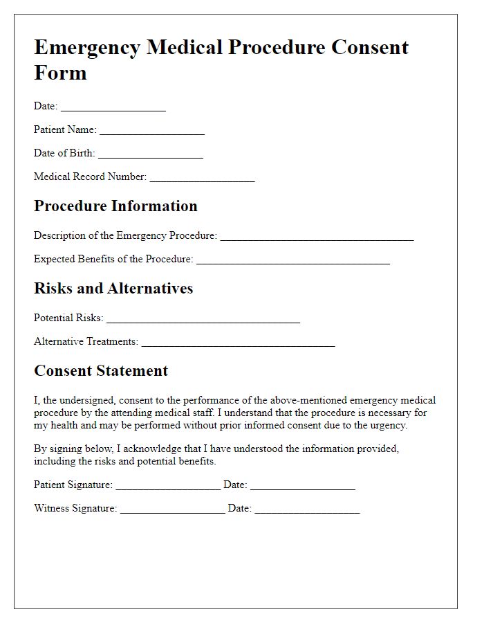 Letter template of medical procedure consent for emergency interventions.