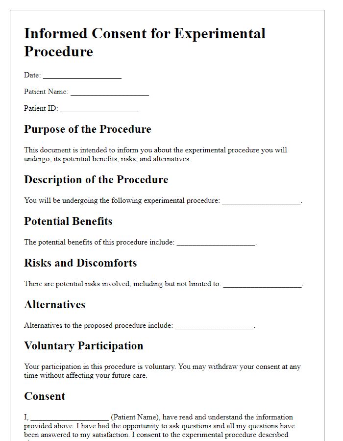 Letter template of medical procedure consent for experimental procedures.