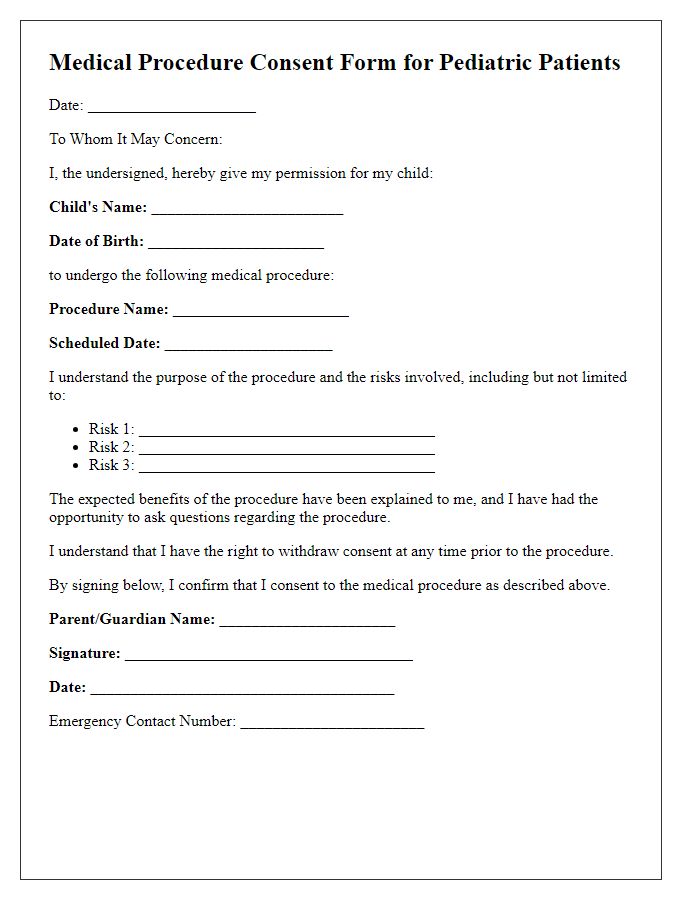 Letter template of medical procedure consent for pediatric patients.