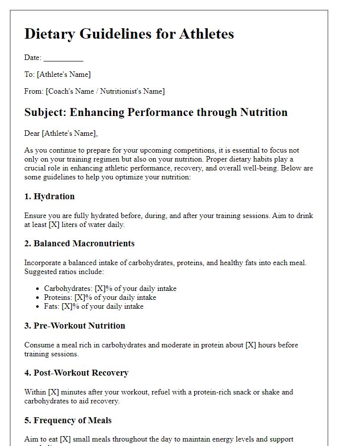 Letter template of dietary guidelines for athletes' performance improvement