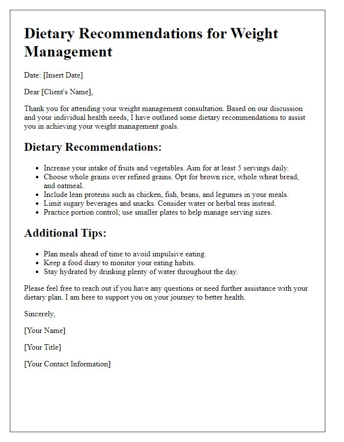 Letter template of dietary recommendations for weight management consultation