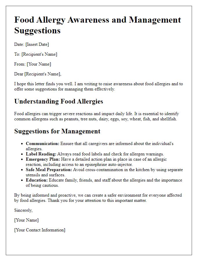 Letter template of food allergy awareness and management suggestions