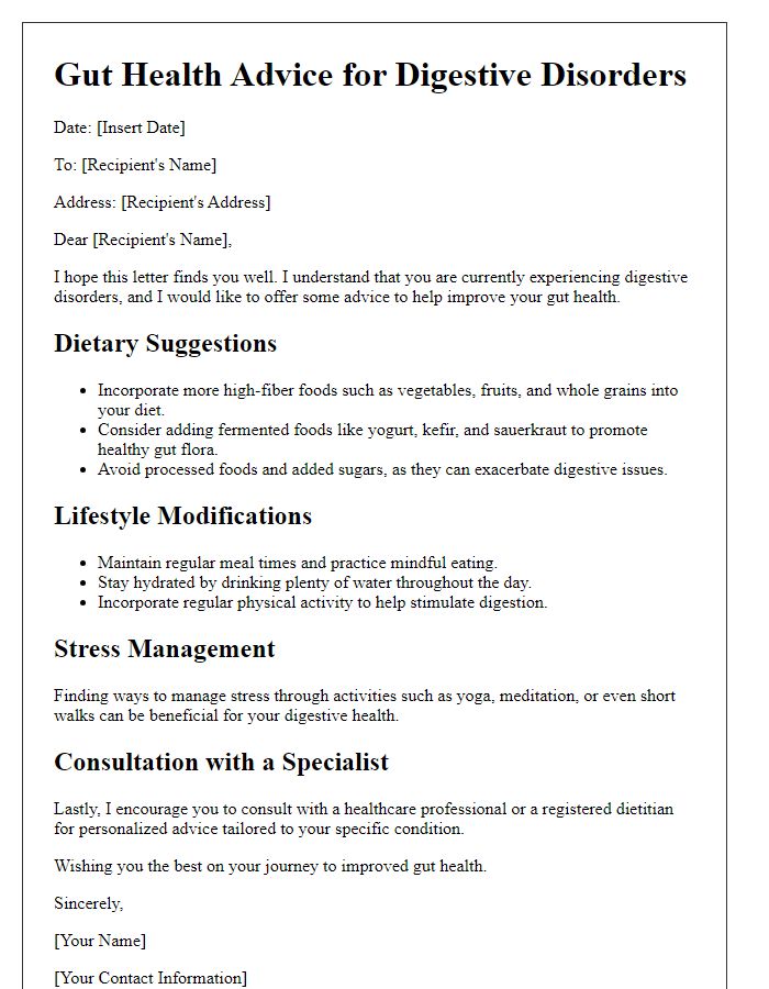 Letter template of gut health advice for digestive disorders