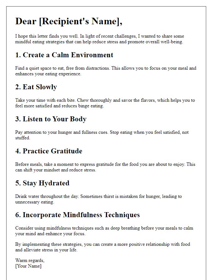 Letter template of mindful eating strategies for stress reduction