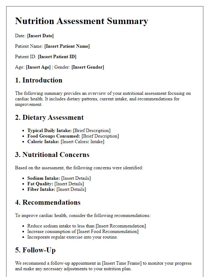 Letter template of nutrition assessment summary for cardiac health