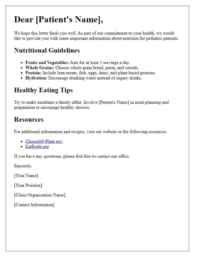 Letter template of nutritional education for pediatric patients