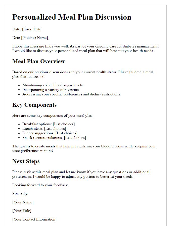 Letter template of personalized meal plan discussion for diabetic patients