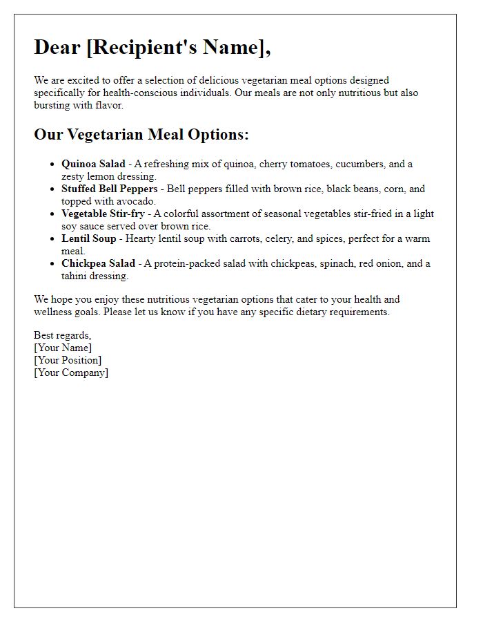 Letter template of vegetarian meal options for health-conscious individuals