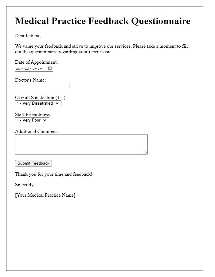 Letter template of medical practice feedback questionnaire