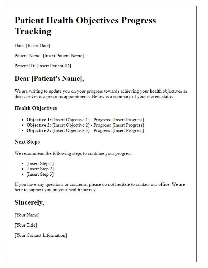 Letter template of progress tracking for patient health objectives.