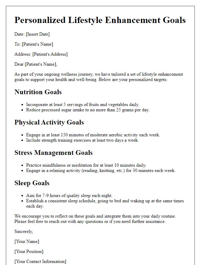 Letter template of tailored patient lifestyle enhancement goals.