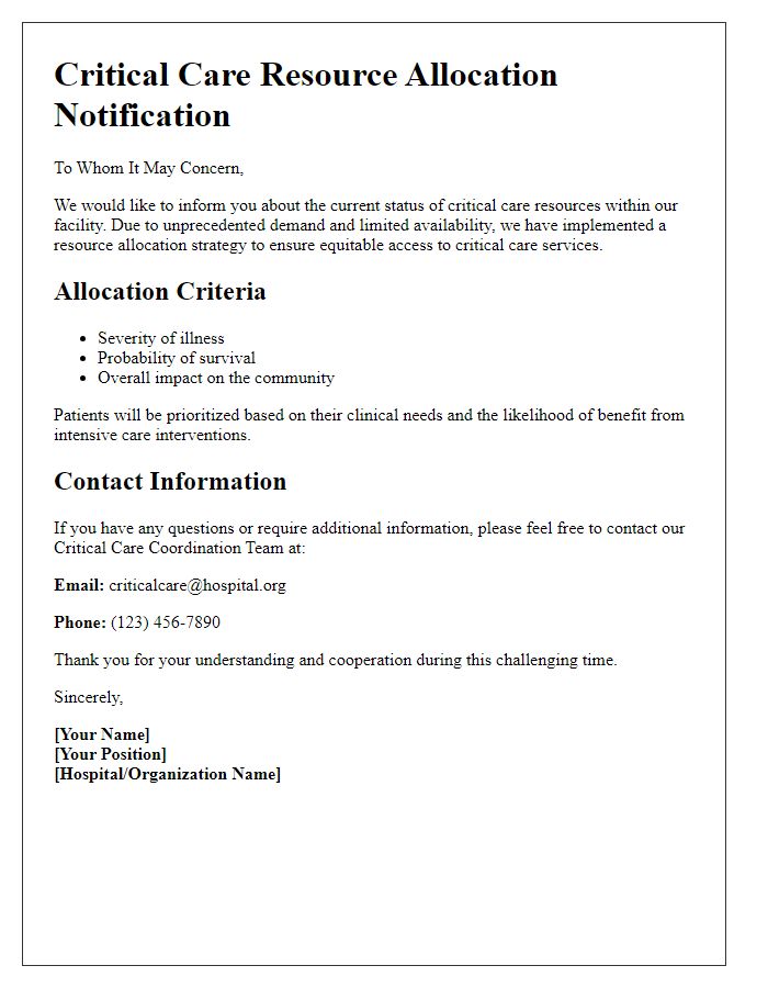 Letter template of critical care resource allocation