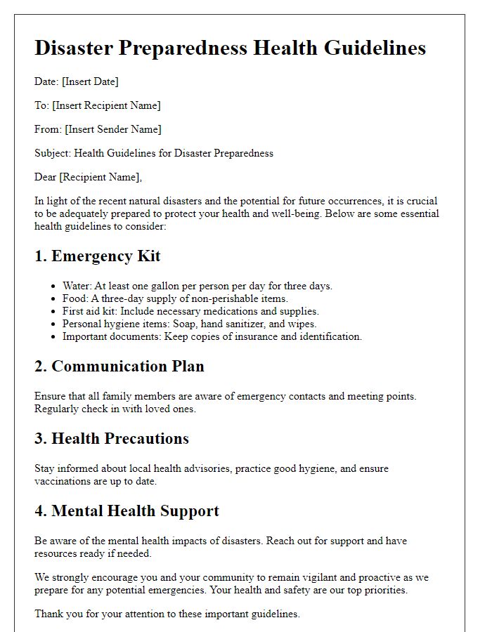 Letter template of disaster preparedness health guidelines