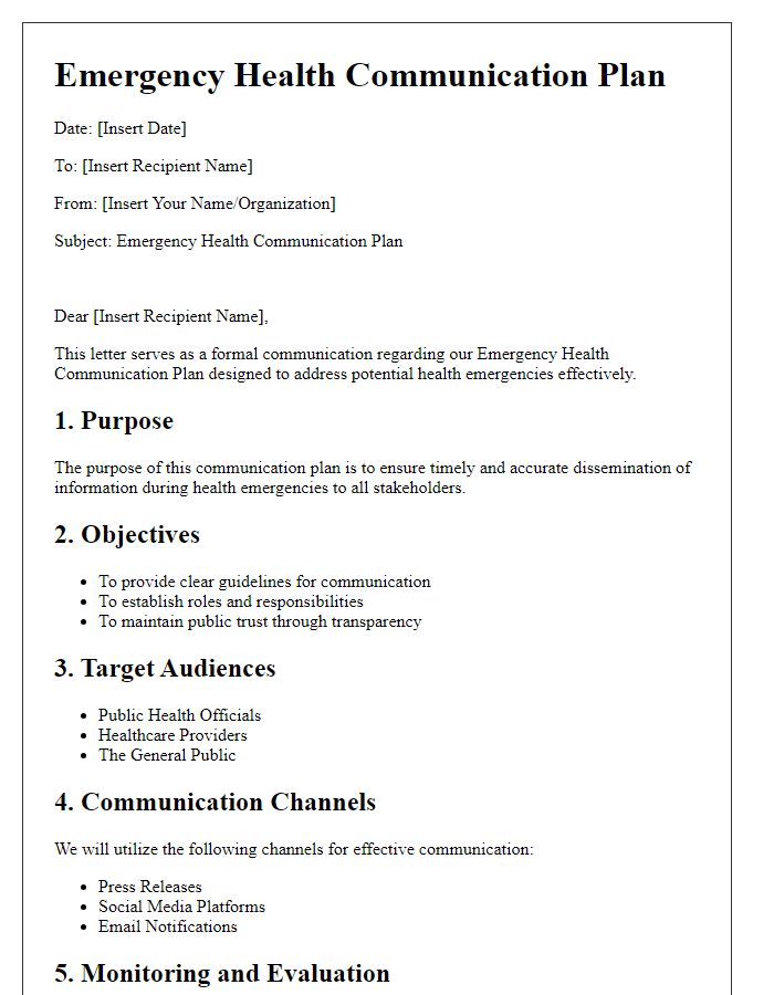 Letter template of emergency health communication plan