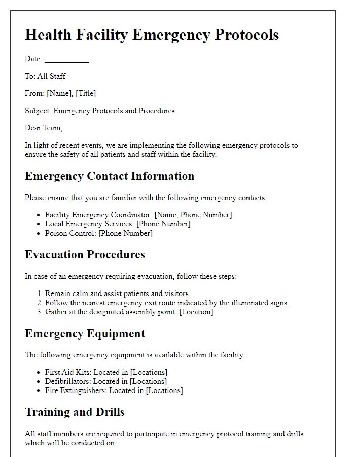 Letter template of health facility emergency protocols