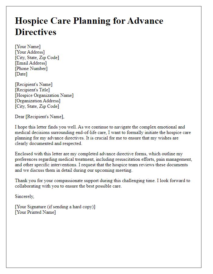 Letter template of hospice care planning for advance directives