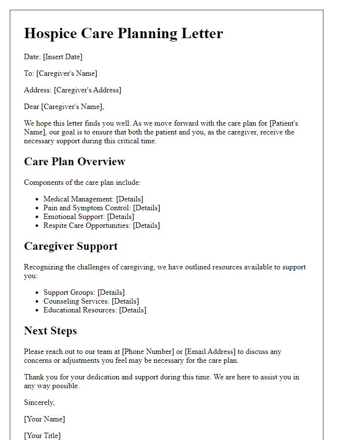 Letter template of hospice care planning for caregiver support