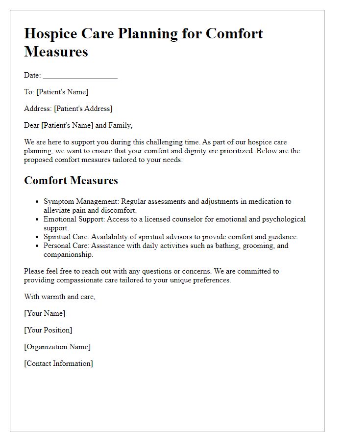 Letter template of hospice care planning for comfort measures