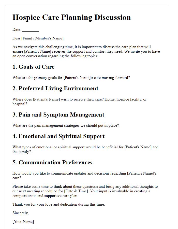 Letter template of hospice care planning for family discussions