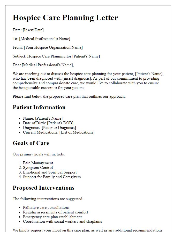 Letter template of hospice care planning for medical professionals