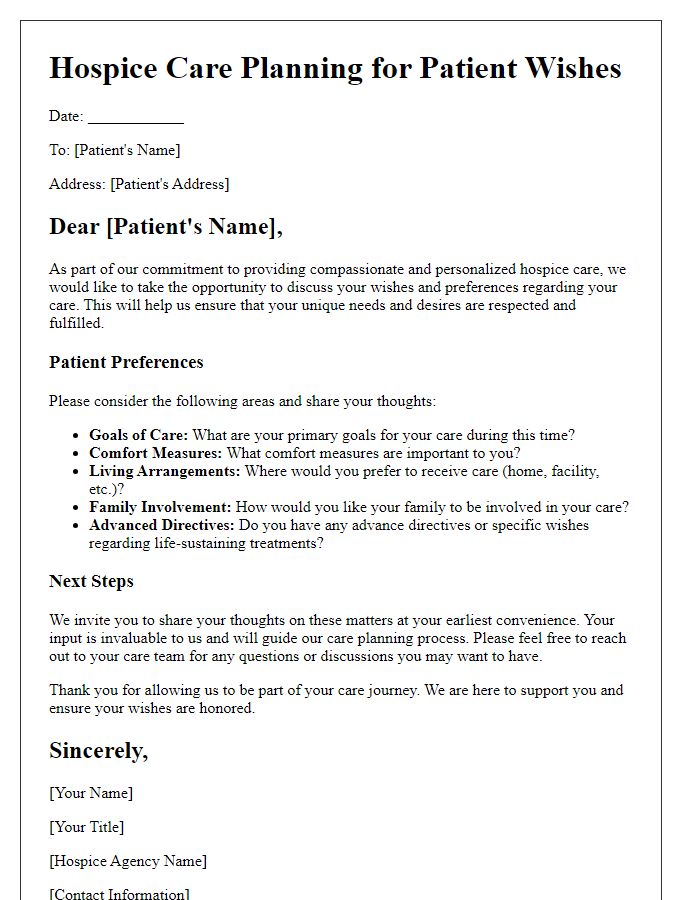 Letter template of hospice care planning for patient wishes