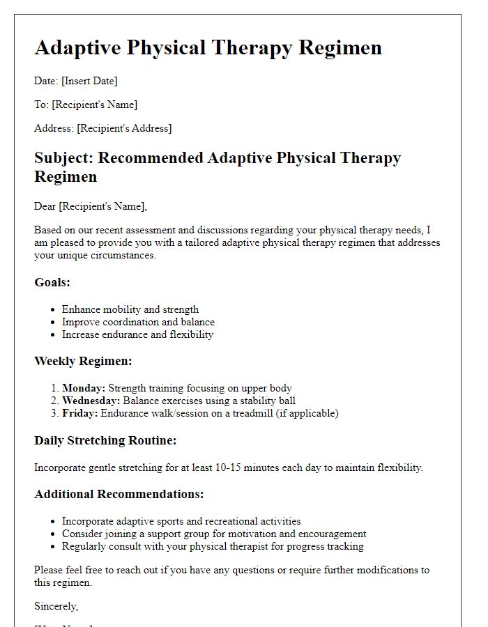 Letter template of adaptive physical therapy regimen for diverse needs.