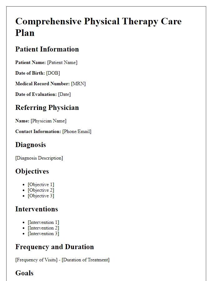 Letter template of comprehensive physical therapy care plan for patients.