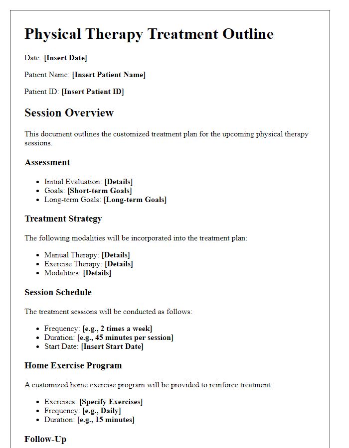 Letter template of customized treatment outline for physical therapy sessions.