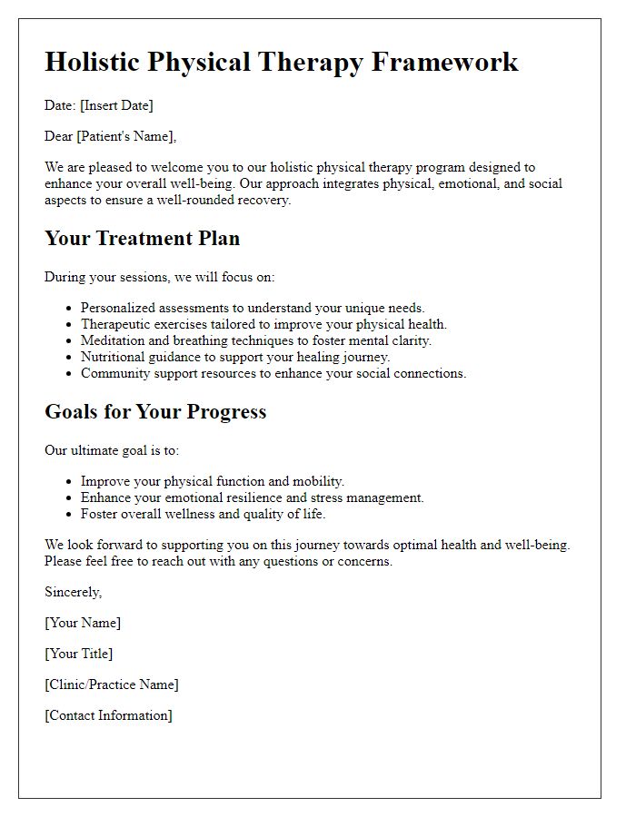 Letter template of holistic physical therapy framework for patient well-being.