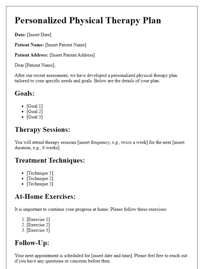 Letter template of personalized physical therapy plan for patients.