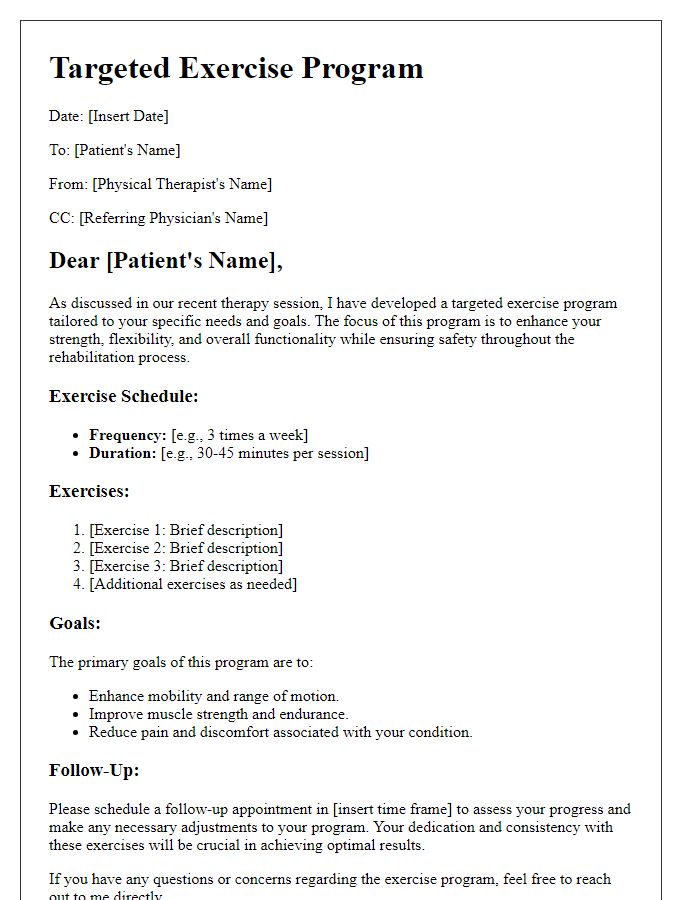 Letter template of targeted exercise program for patient physical therapy.