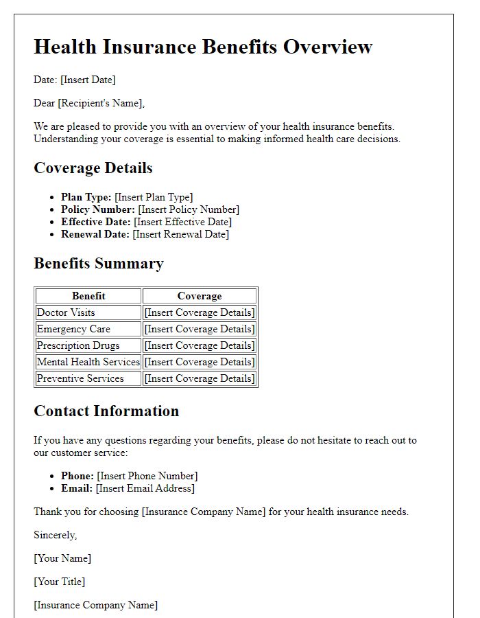 Letter template of health insurance benefits overview