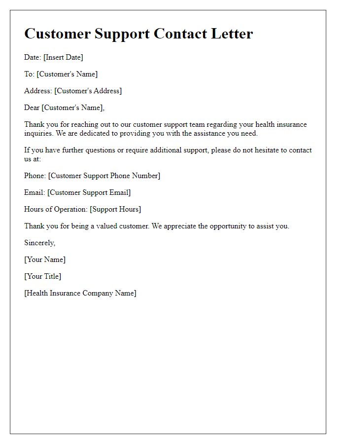 Letter template of health insurance customer support contact