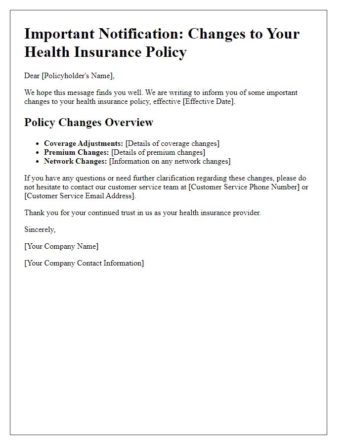 Letter template of health insurance policy changes notification