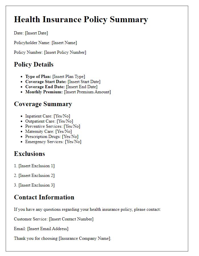 Letter template of health insurance policy summary