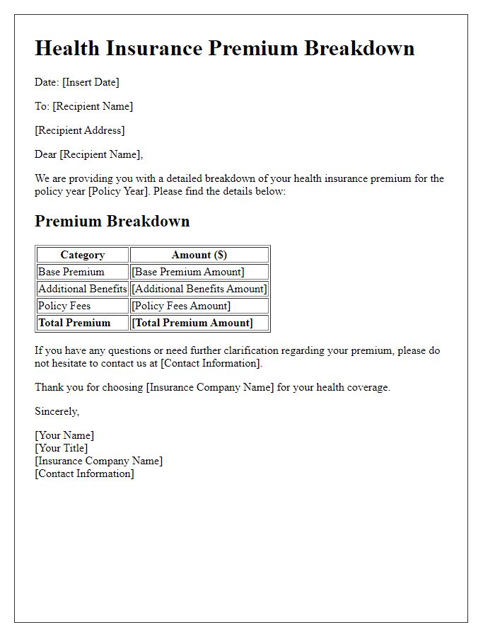 Letter template of health insurance premium breakdown