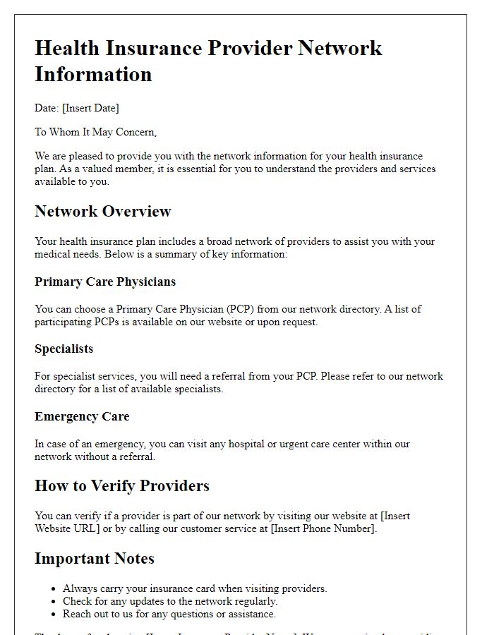 Letter template of health insurance provider network information