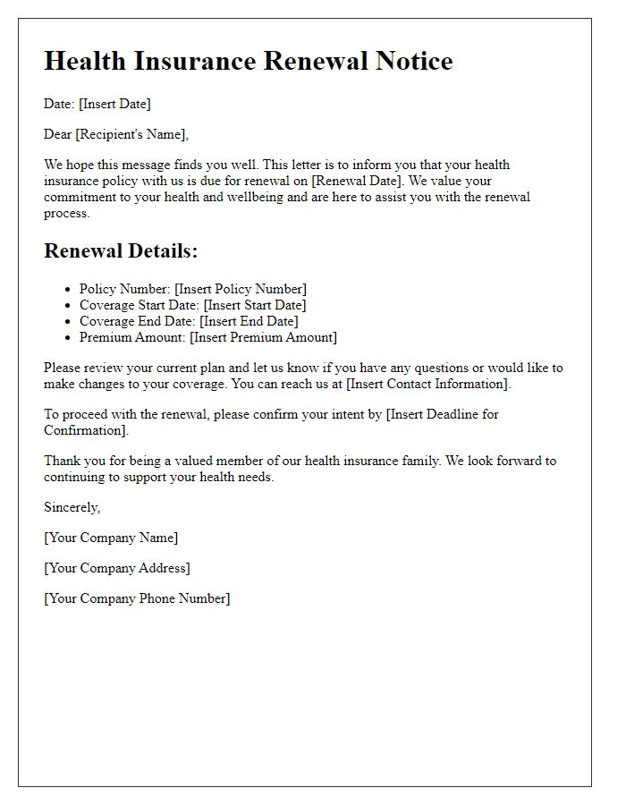 Letter template of health insurance renewal information