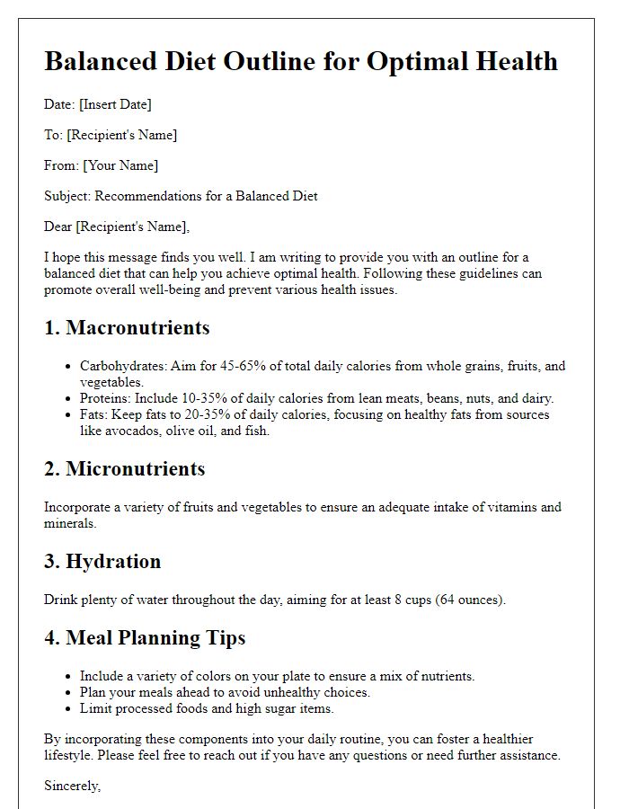 Letter template of balanced diet outlines for optimal health