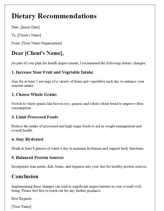 Letter template of dietary recommendations for health improvement