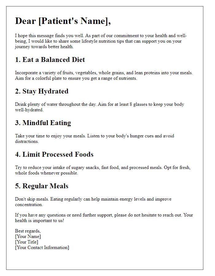 Letter template of lifestyle nutrition tips for patient support