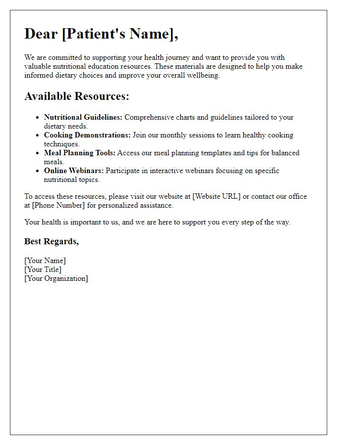 Letter template of nutritional education resources for patients